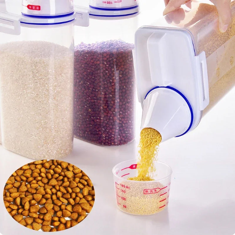 1.5Kg/2Kg Dog Cat Food Pail Plastic Storage Tank with Measuring Cup Container Moisture-Proof Sealed Jar Pet Supplies Accessories