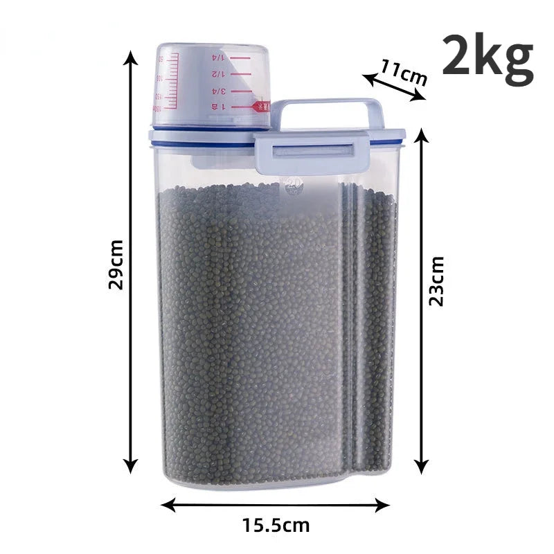 1.5Kg/2Kg Dog Cat Food Pail Plastic Storage Tank with Measuring Cup Container Moisture-Proof Sealed Jar Pet Supplies Accessories